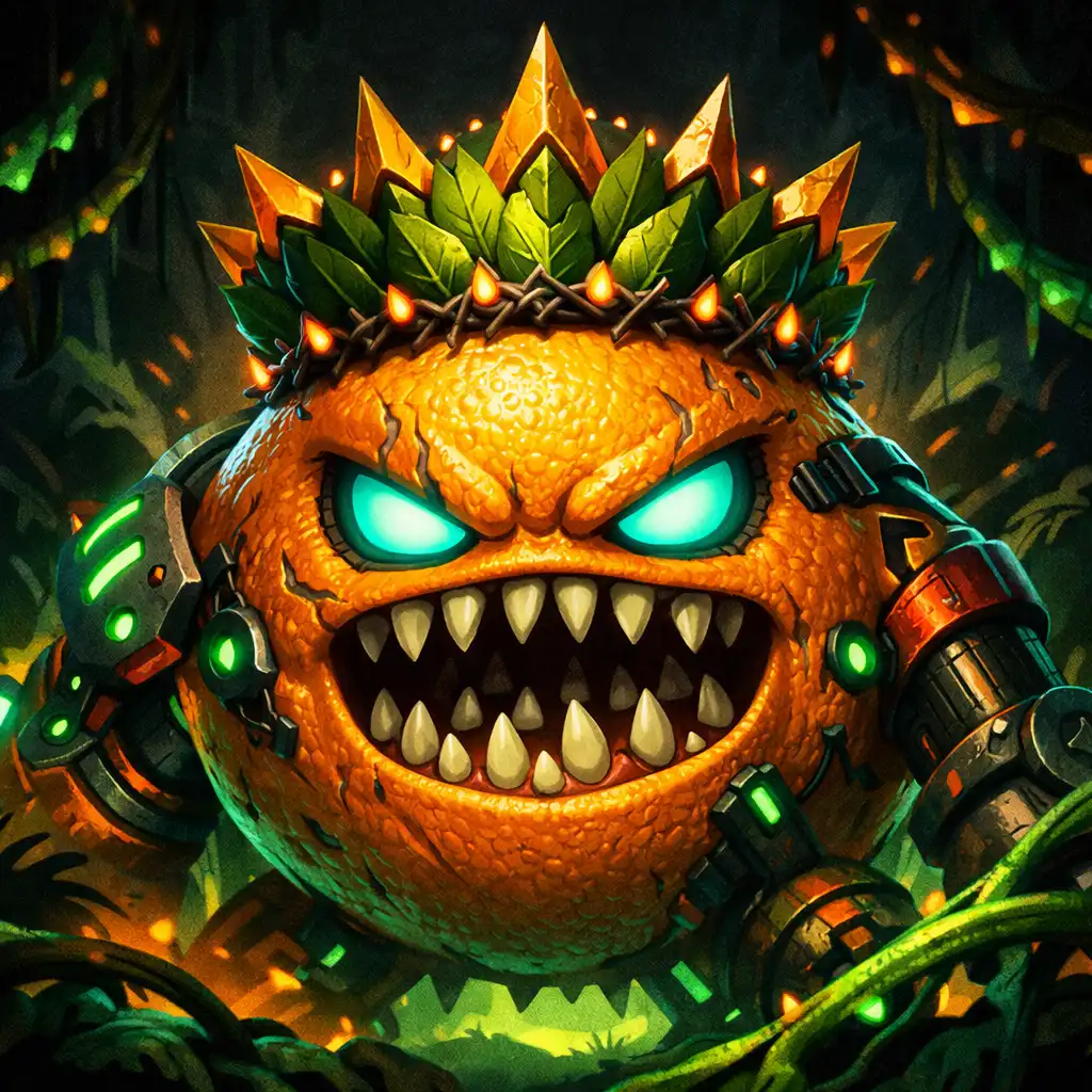 Król Owoców, boss z Juicy Realm, w ciemnej dżungli z neonowymi winoroślami