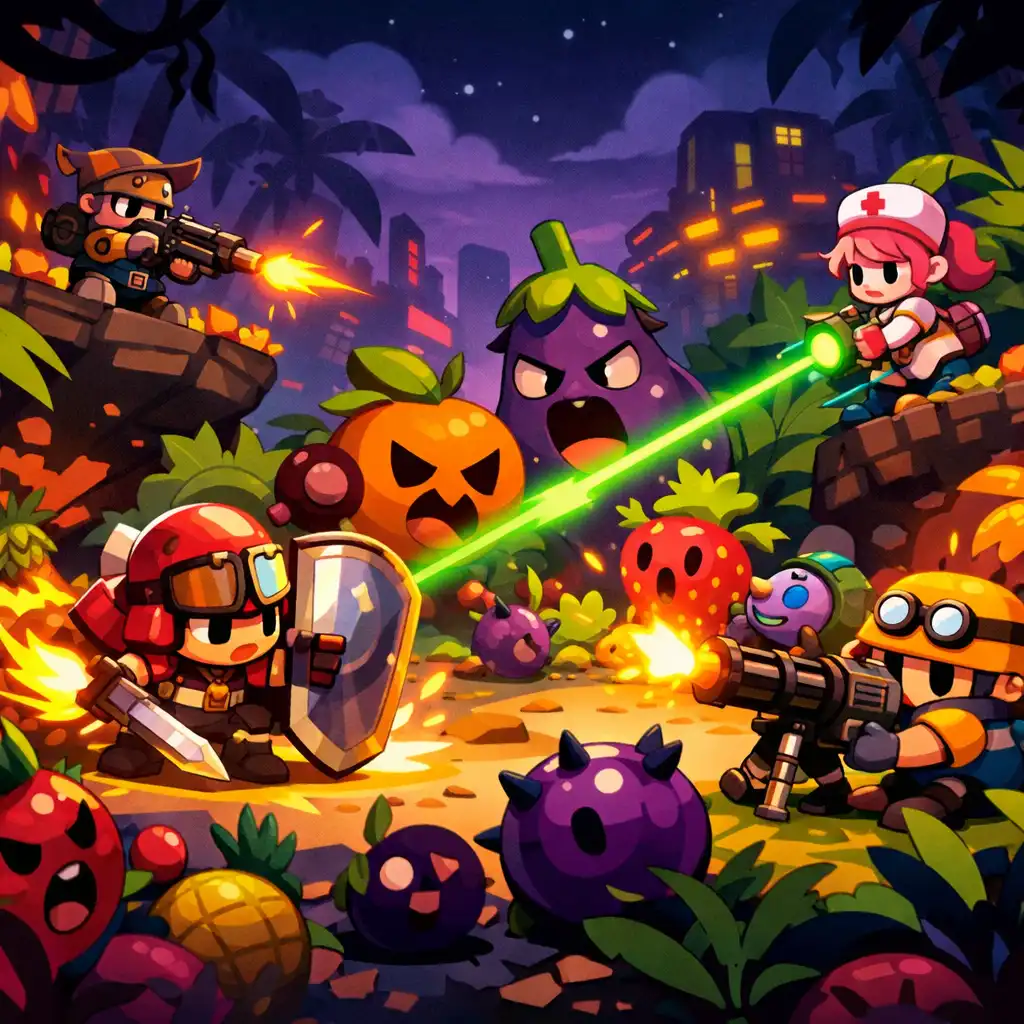 Scena bitwy co-op w Juicy Realm z czterema bohaterami walczącymi z hordą owocowych wrogów