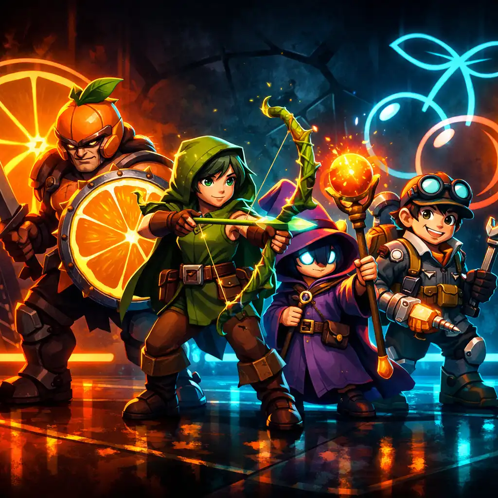 Cztery klasy bohaterów z Juicy Realm stojące w neonowej arenie owoców