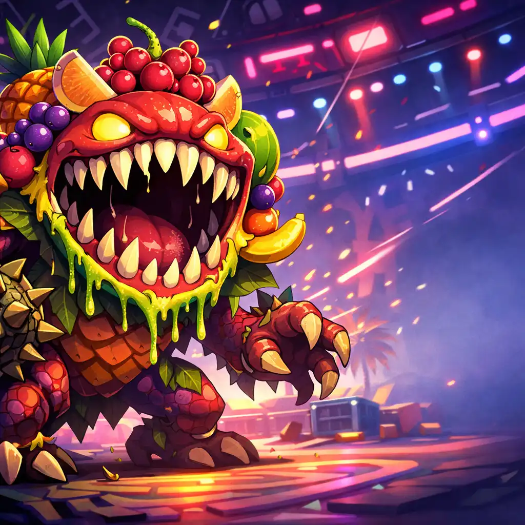 Epicki owocowy boss w Juicy Realm z ostrymi zębami i świecącymi oczami na arenie z neonowymi światłami