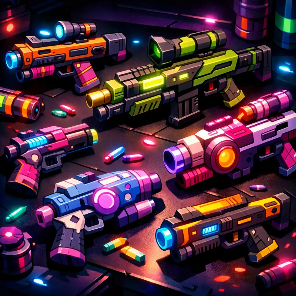 Zbliżenie na arsenał futurystycznych broni w Juicy Realm ułożonych na stole z neonowymi akcentami